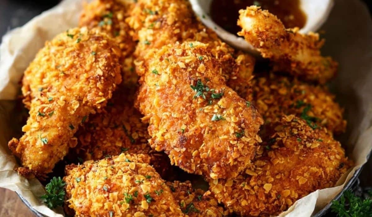 Crispy Oven Baked Cornflake Chicken served in basket with dipping sauce