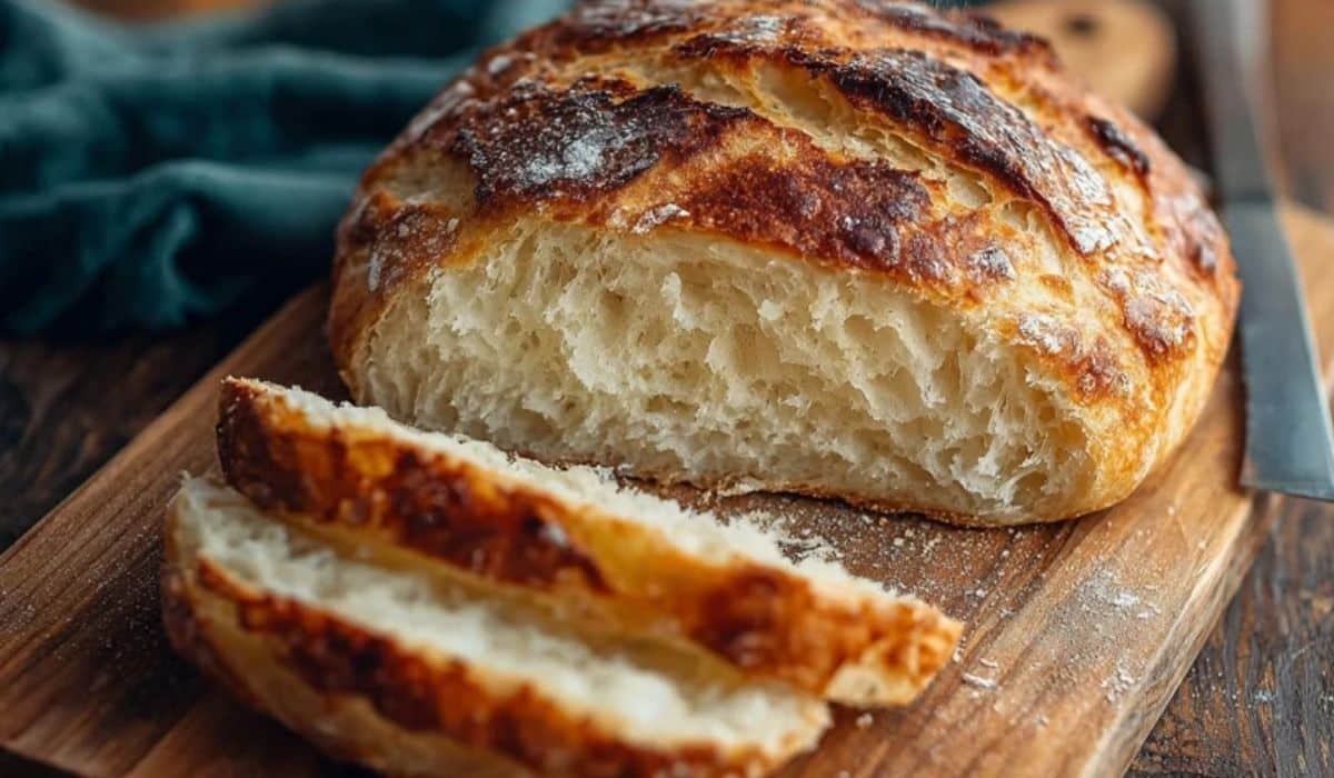 4-Ingredient No-Knead Artisan Bread Recipe fresh loaf sliced on wooden board