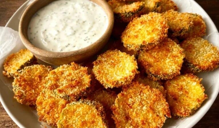 Air Fryer Fried Pickles served with creamy ranch dip in a wooden bowl
