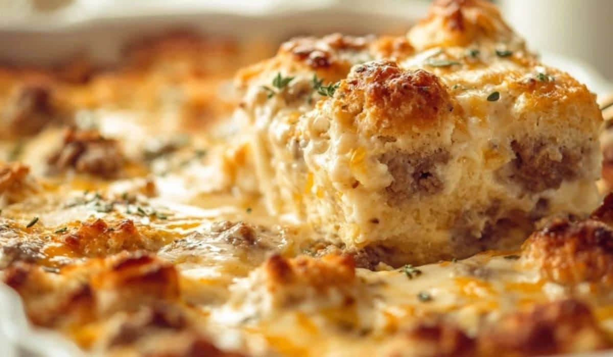 Close-up of golden Biscuits and Gravy Breakfast Casserole slice served from a casserole dish