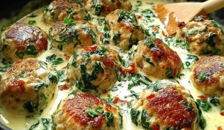 Chicken Ricotta Meatballs In Spinach Alfredo Sauce simmering in creamy Alfredo with spinach in a skillet