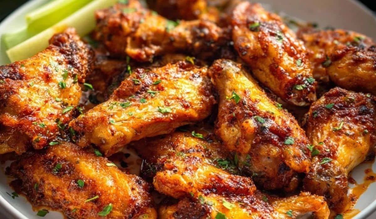 Chicken wings in crockpot served golden and crispy with fresh celery sticks