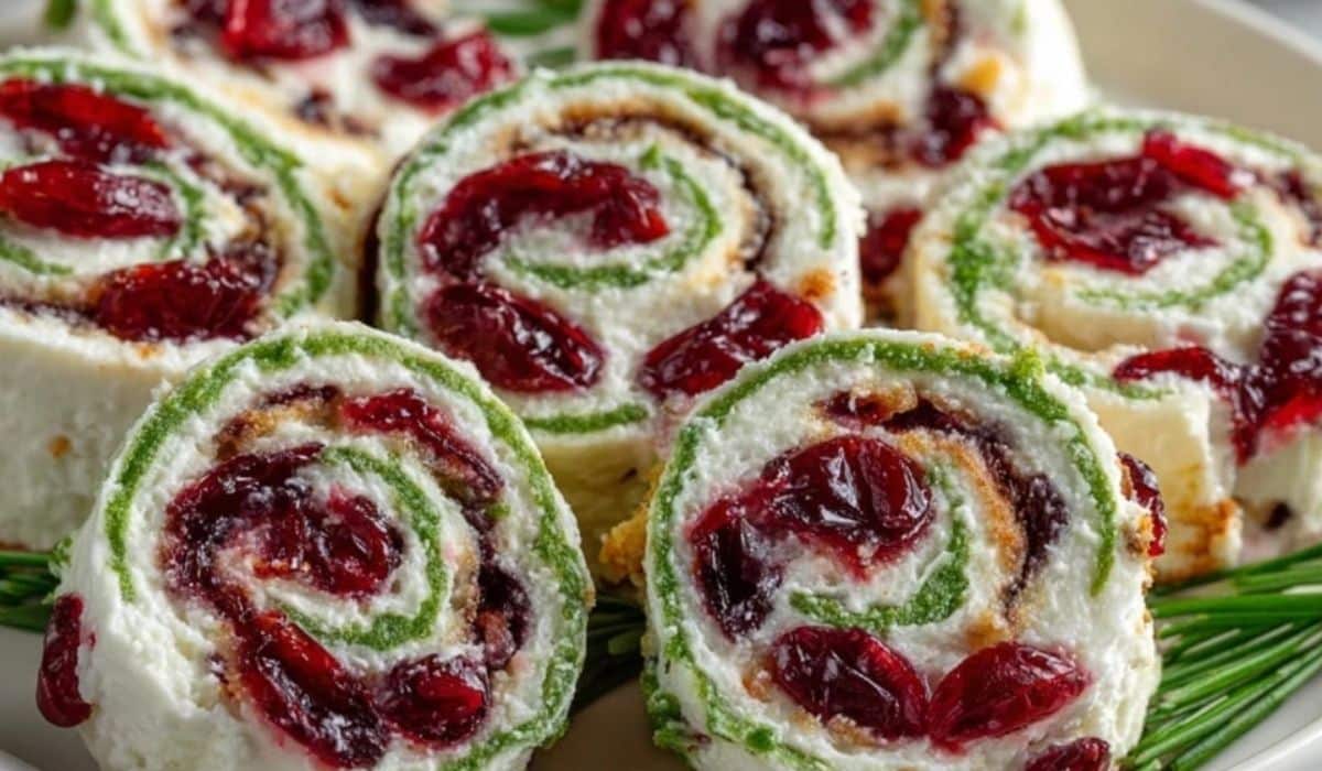 Christmas Cranberry Pinwheels with creamy filling and fresh cranberries on a festive tray