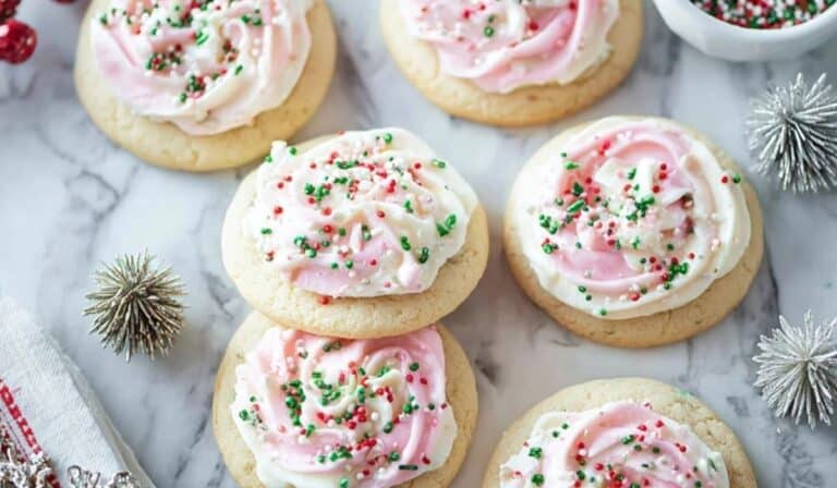 Crumbl Christmas Sugar Cookies with pink and white frosting topped with red and green sprinkles on marble background