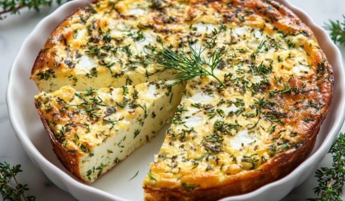 Cottage Cheese and Herb Quiche baked golden with fresh herbs