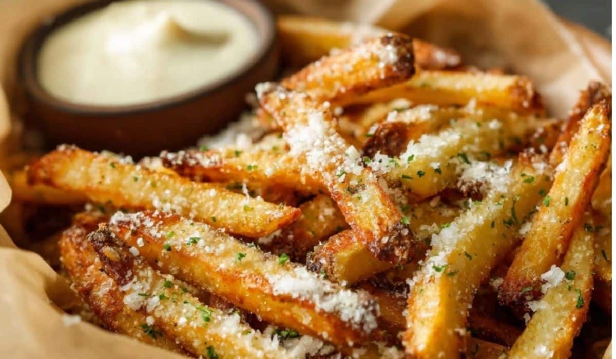 Garlic Parmesan French Fries with creamy dip in parchment basket