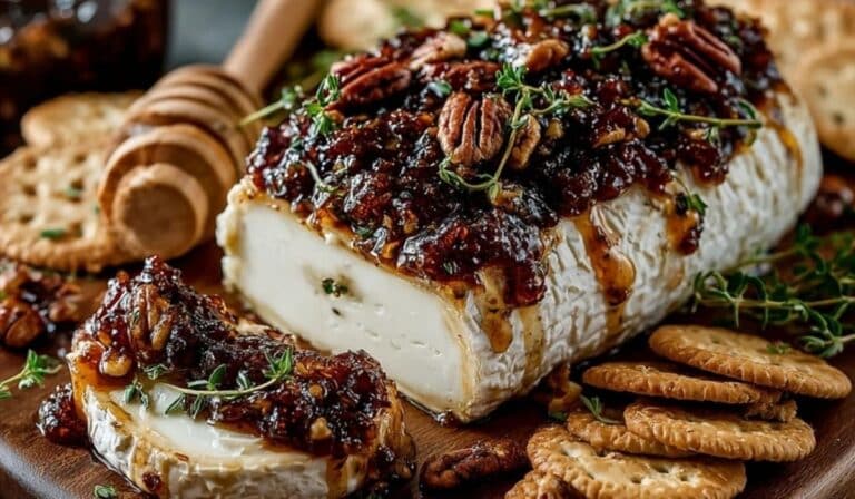 Goat cheese appetizer with fig jam and pecans on a wooden board with crackers