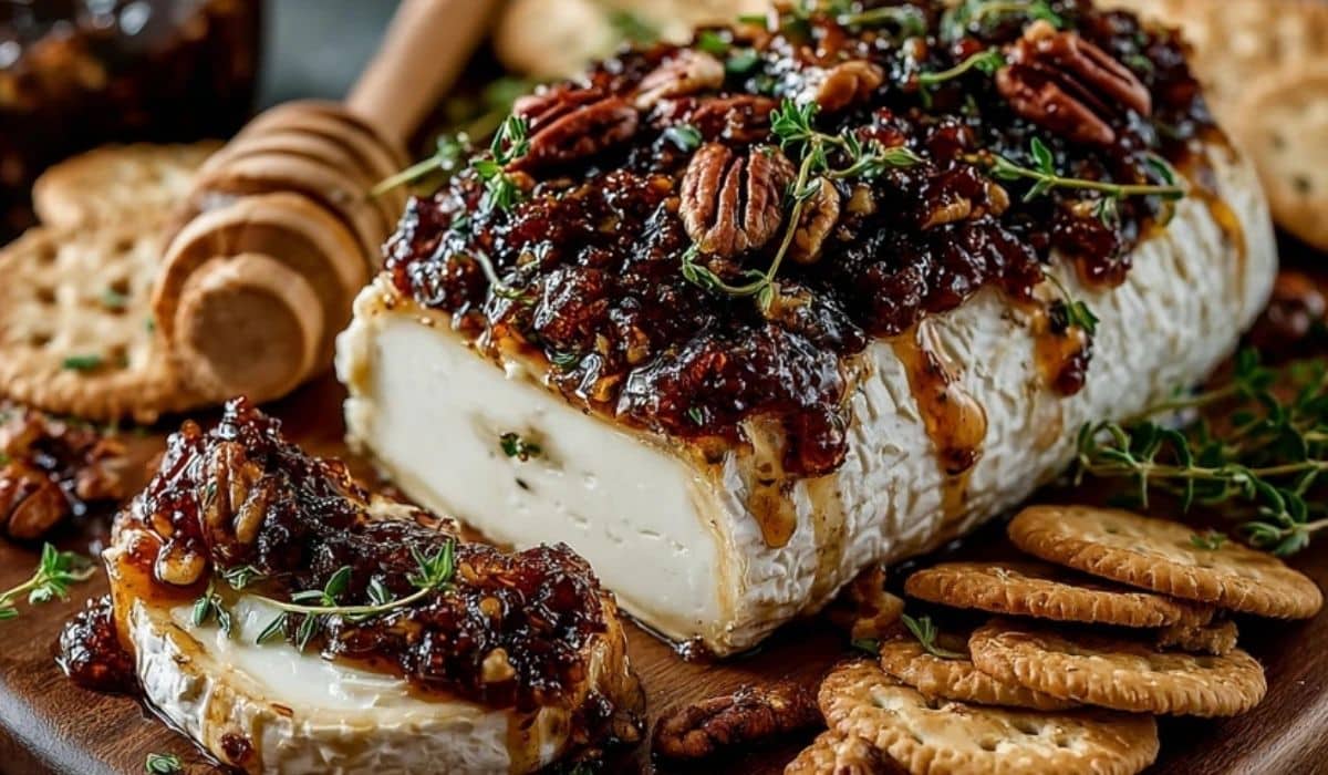 Goat cheese appetizer with fig jam and pecans on a wooden board with crackers