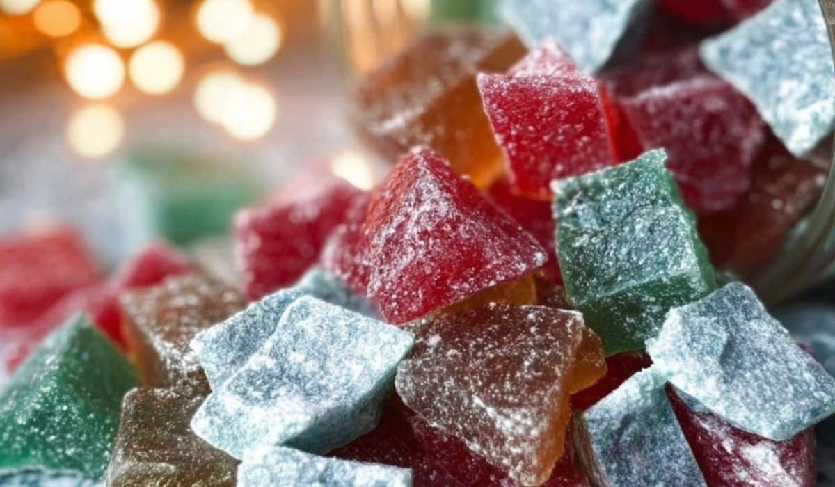 Hard Tack Candy close-up with powdered sugar and festive lights