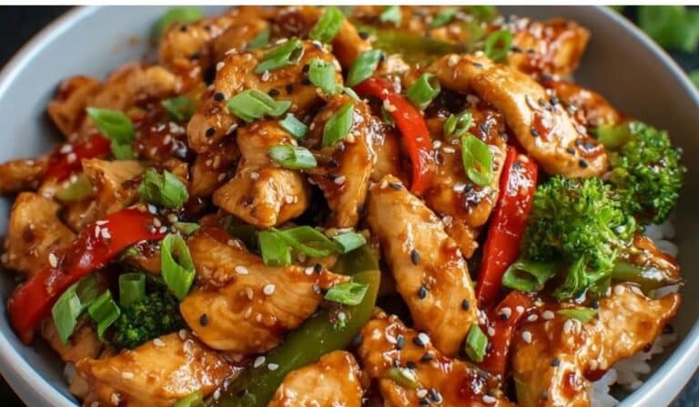 Honey Sriracha Chicken Stir Fry with colorful vegetables and tender chicken pieces