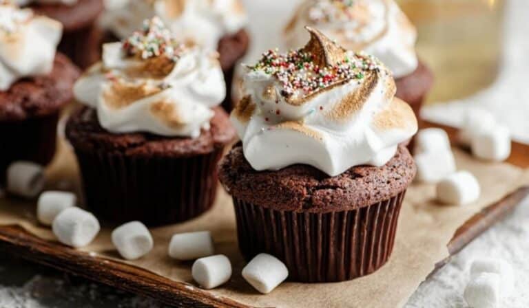 Hot Cocoa Cupcakes with Marshmallow Frosting topped with toasted marshmallows and sprinkles