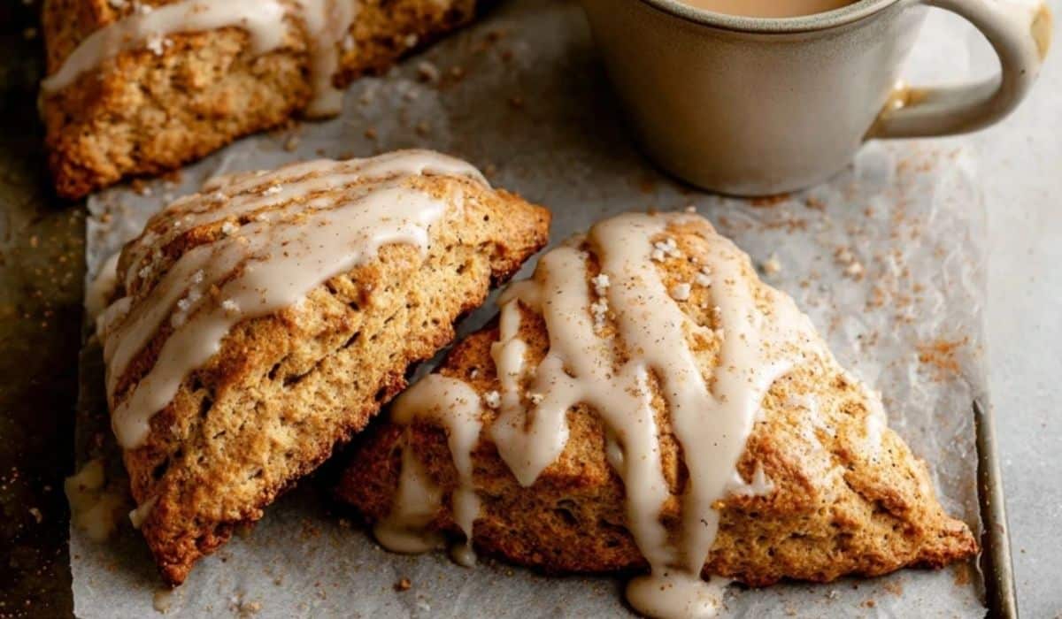Maple Chai Glazed Scones with warm maple drizzle served with coffee