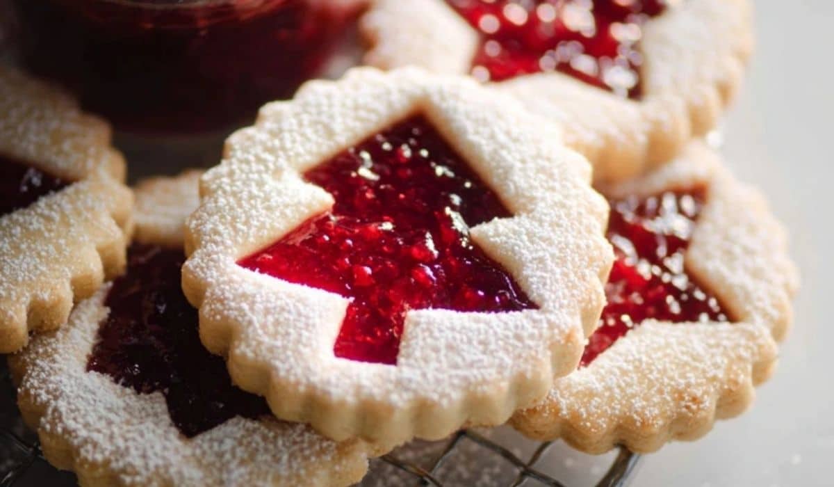Close-up of Raspberry Linzer Cookies with Christmas tree cutouts filled with raspberry jam