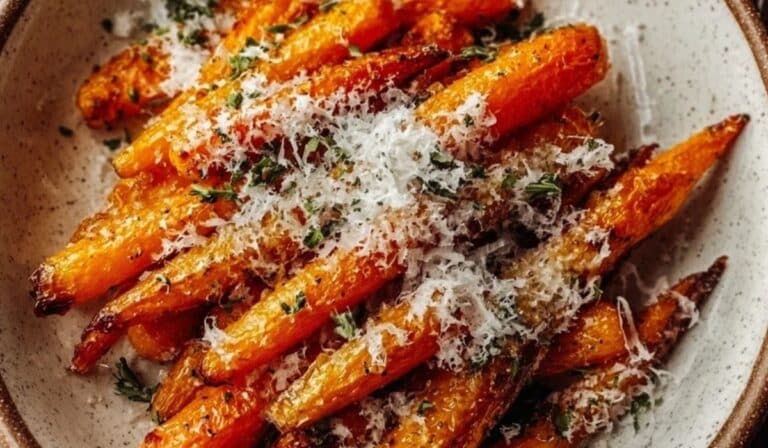 Roasted Garlic and Parmesan Carrots served with herbs and parmesan cheese