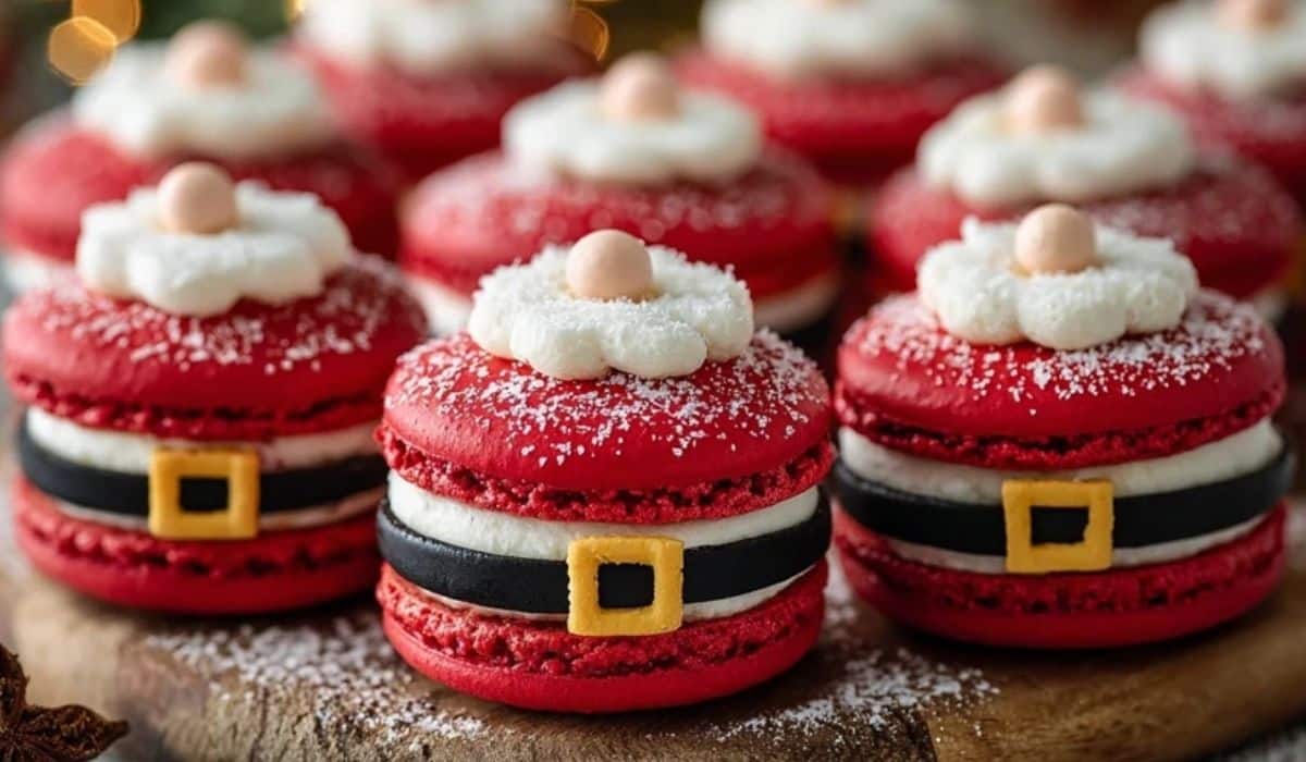Santa Claus Macarons with red shells and chocolate belt detail