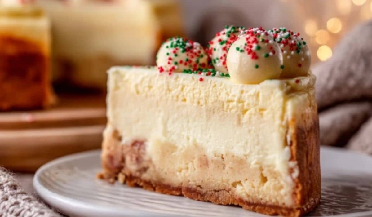 Sugar Cookie Cheesecake slice with cookie dough topping and festive sprinkles