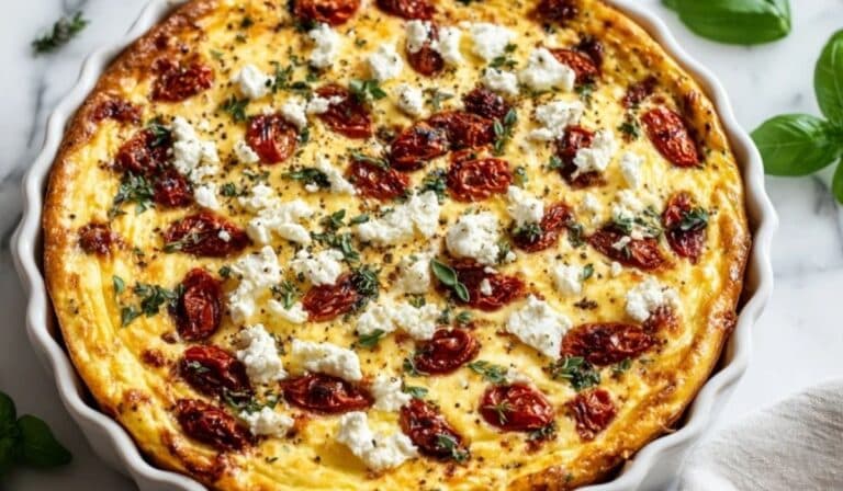 Sundried Tomato and Feta Cottage Cheese Crustless Quiche baked golden in ceramic dish