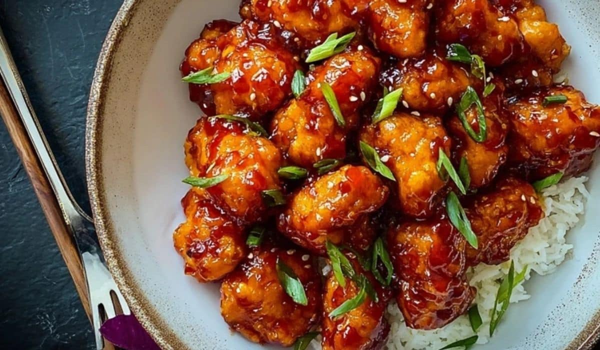 Sweet Chili Chicken served on white rice with scallions