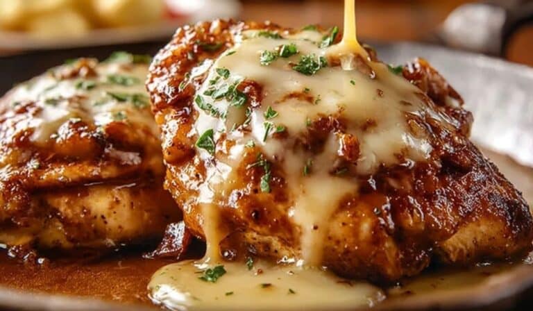 Texas Roadhouse Smothered Chicken served hot with melted cheese, mushrooms, and brown gravy