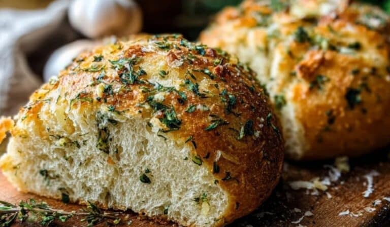 Garlic Parmesan Herb Bread sliced open with herbs and cheese