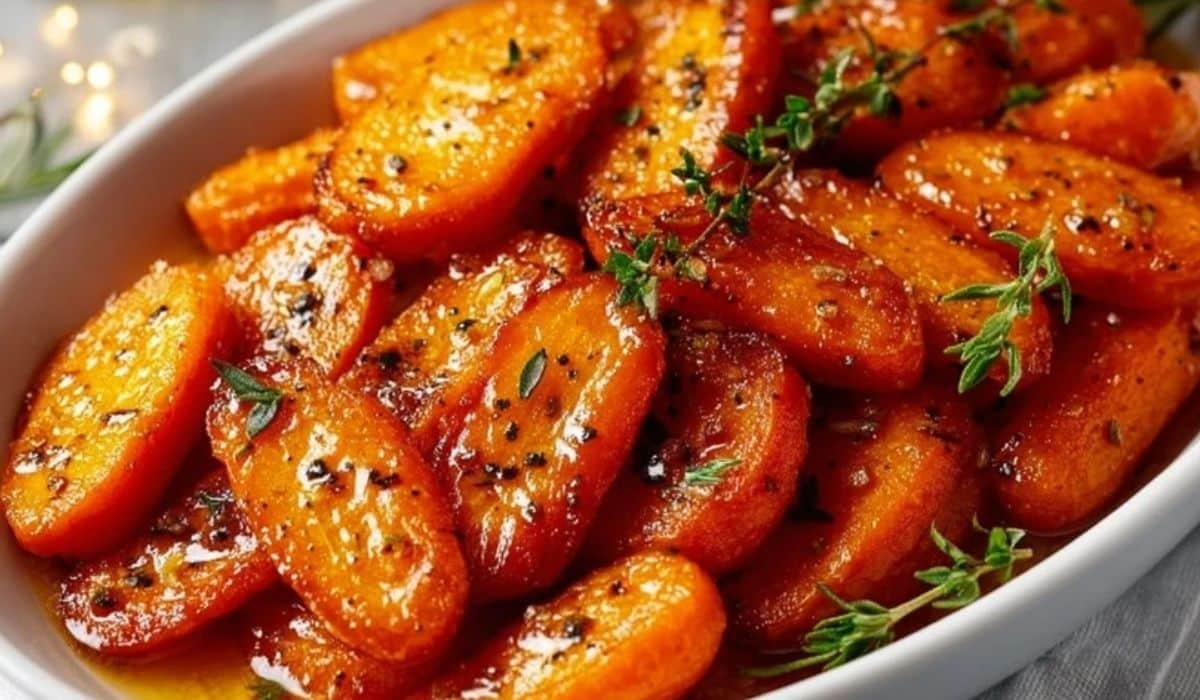 Glazed Carrots (Christmas Recipe & Thanksgiving Recipe) in a festive white serving dish with herbs and glaze