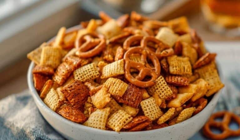 Irresistible Ranch Chex Mix Snack served in a white bowl