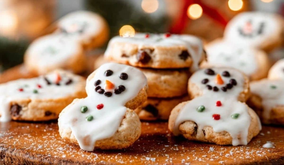 Melted Snowman Biscuits on wooden platter with icing faces