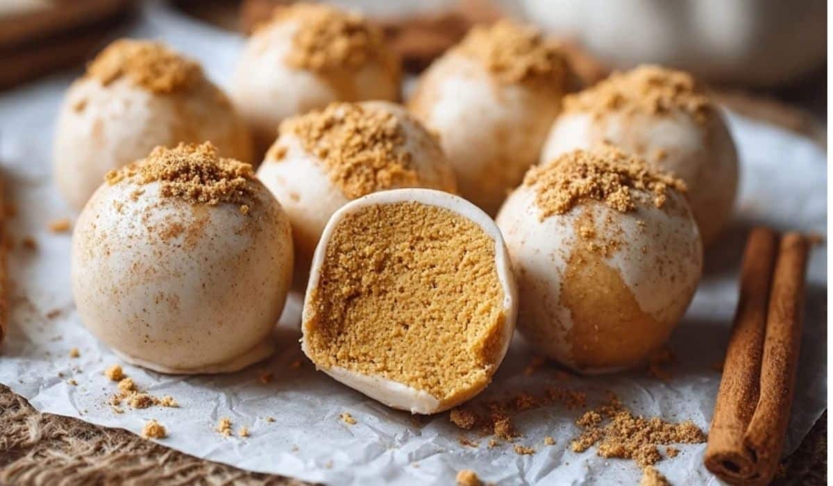 No Bake Pumpkin Cheesecake Balls with cinnamon and graham topping