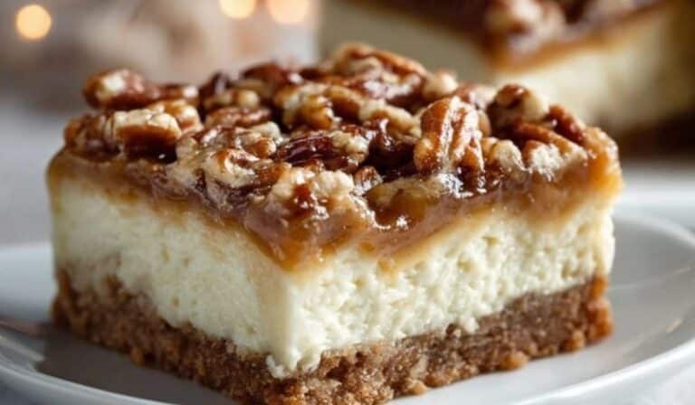 Pecan Pie Cheesecake Bars with buttery crust, creamy cheesecake layer, and glazed pecan topping