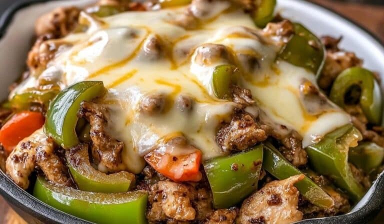 Philly Cheesesteak Bowls with tender steak, sautéed peppers, and melted provolone cheese in a white ceramic bowl