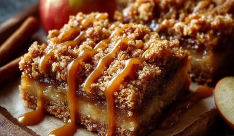 Salted Caramel Apple Crumble Bars Fall Treat on rustic wooden plate with drizzled caramel