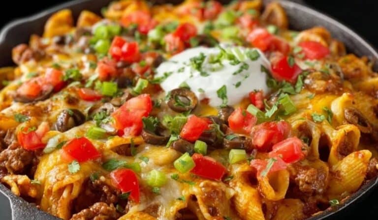 Skillet Taco Pasta topped with sour cream, tomatoes, olives, and cheese in a black skillet