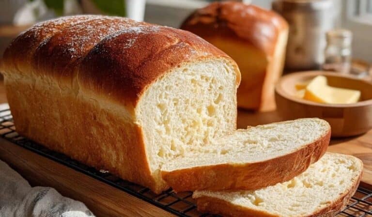 Soft Amish White Bread sliced on a wooden board