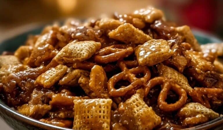 Sweet and Salty Toffee Chex Mix served in a holiday bowl