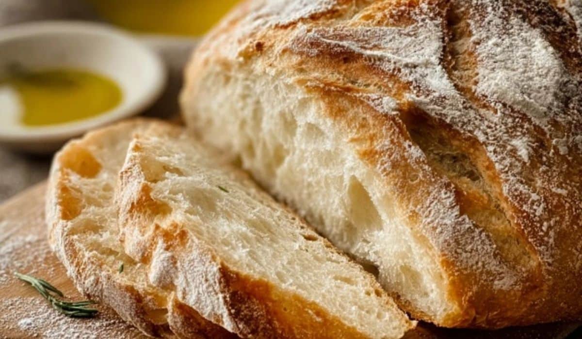 Rustic artisan bread with golden crust on wooden table