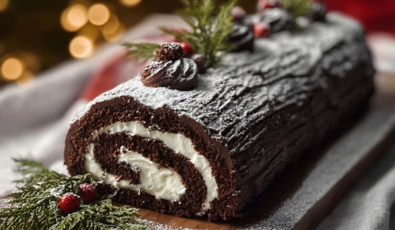 Christmas Yule Log Cake dusted with powdered sugar and decorated with holly