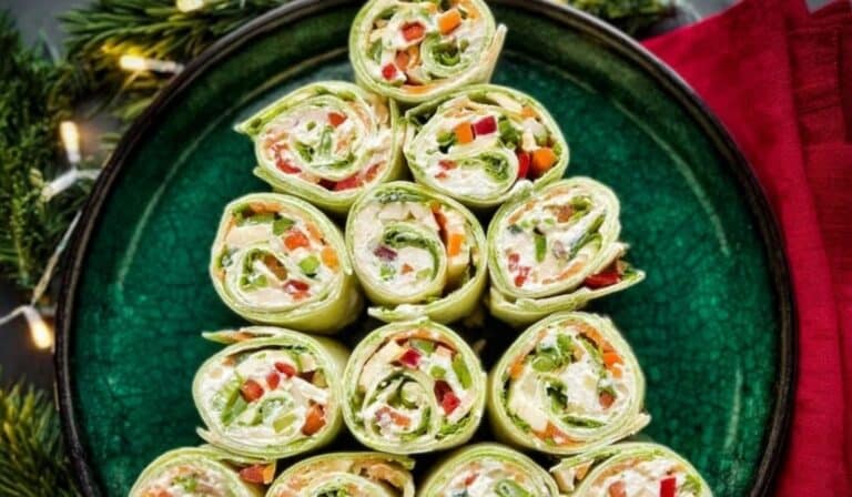 15-minute Christmas Pinwheels arranged in a festive holiday tree on a green platter