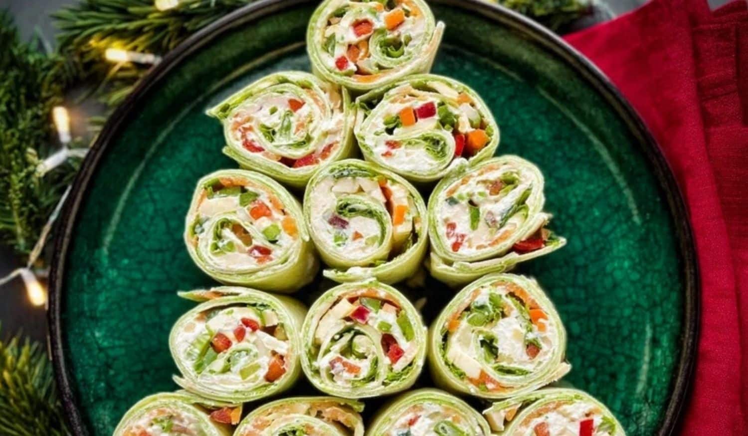 15-minute Christmas Pinwheels arranged in a festive holiday tree on a green platter