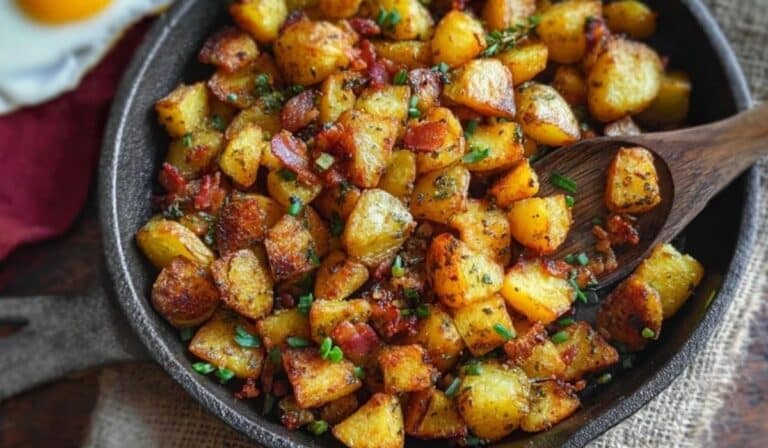 Bangin' Breakfast Potatoes in skillet with bacon and herbs