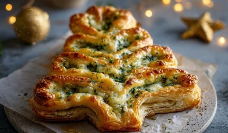Basil Pesto Cheesy Puff Pastry Christmas Tree centerpiece on a holiday table