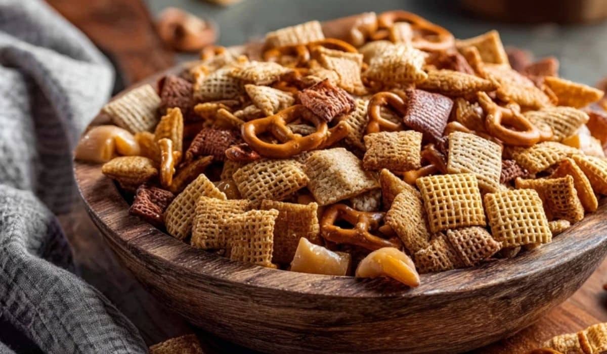 The Best Homemade Chex Mix served in a rustic bowl