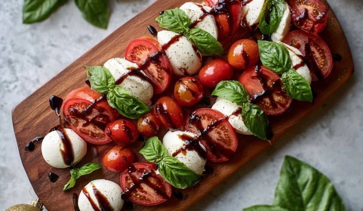 Candy Cane Caprese Board served on wooden platter