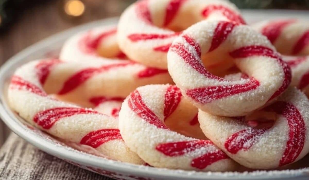 Featured plate of festive Candy Cane Cookies on holiday table