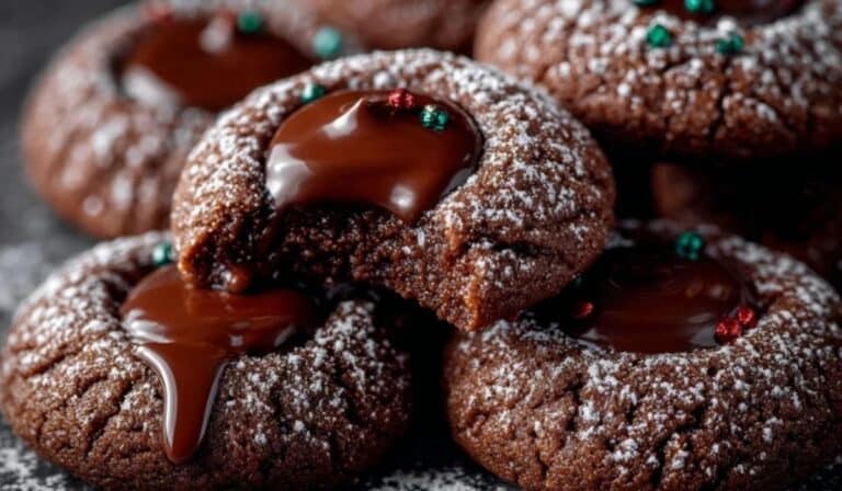 Chocolate Thumbprint Cookies with glossy chocolate center and festive sprinkles