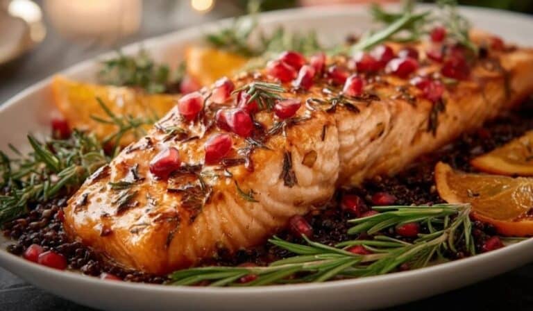 Christmas Salmon beautifully plated on holiday table