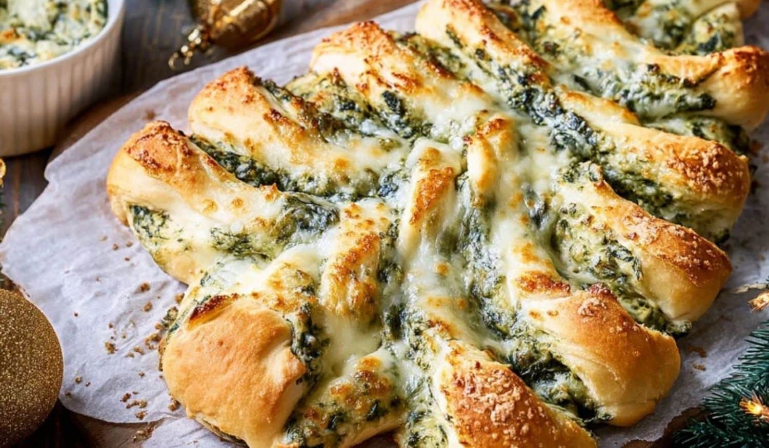 Christmas Tree Spinach Dip Breadsticks baked to golden perfection with melted cheese