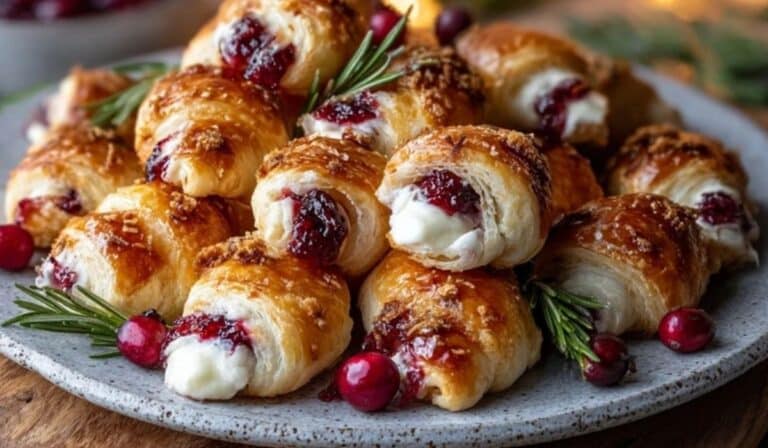 Golden Cranberry Cream Cheese Crescent Bites stacked on a festive holiday plate