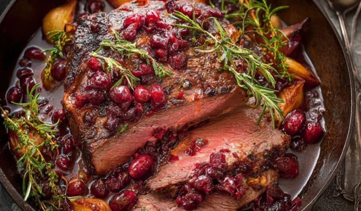 Cranberry Roast Beef Recipe served on festive dining table with garnishes