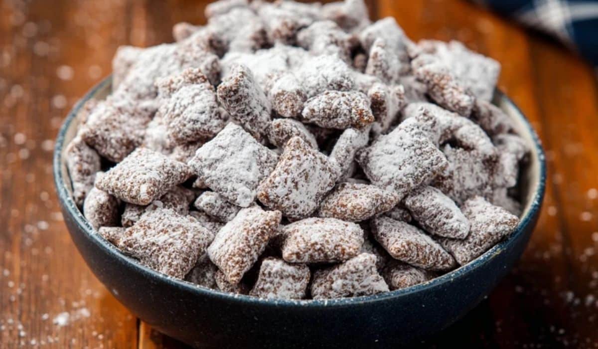 Delicious Homemade Puppy Chow snack mix in a bowl