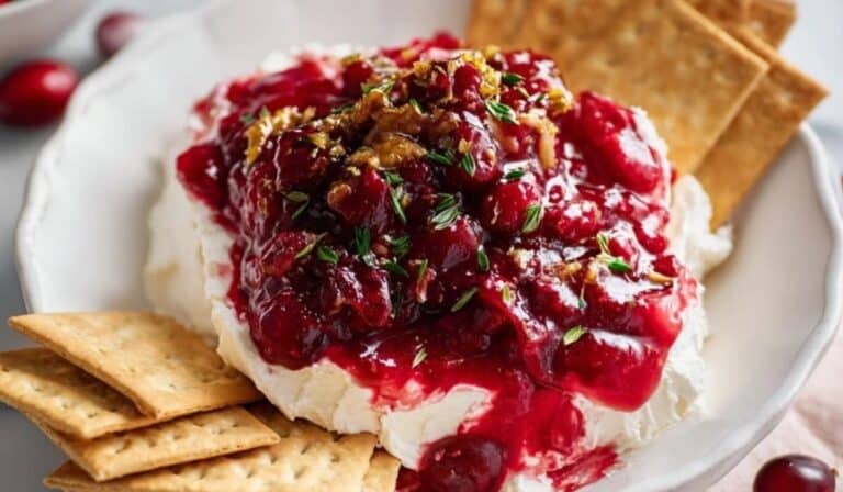 Irresistible Cranberry Cream Cheese Dip with crackers on white plate